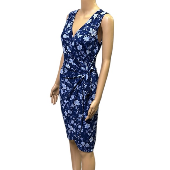 Banana Republic Blue Floral Faux Wrap Tie Waist Sleeveless Stretch Midi Dress XS - Picture 1 of 9